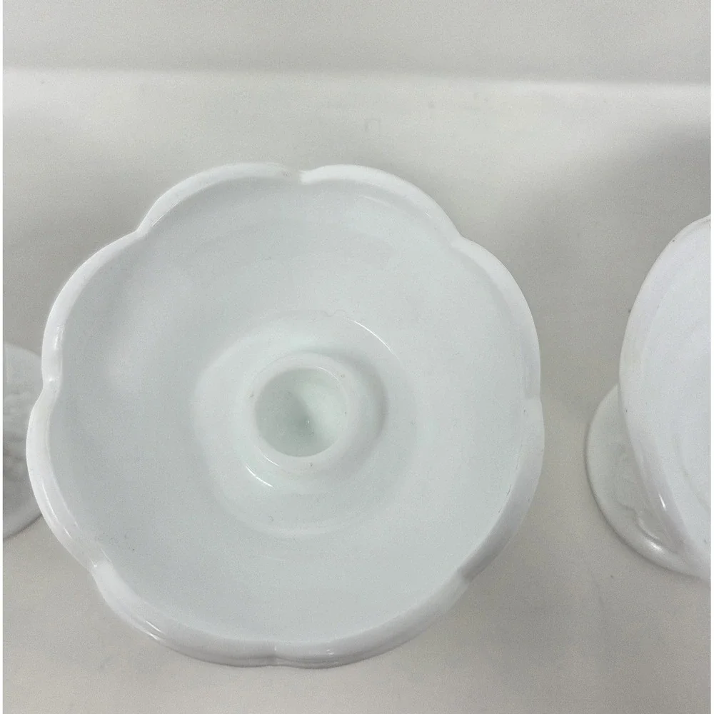 Vintage Indiana Colony Harvest Grape Milk Glass Footed Candle Holders Set 3